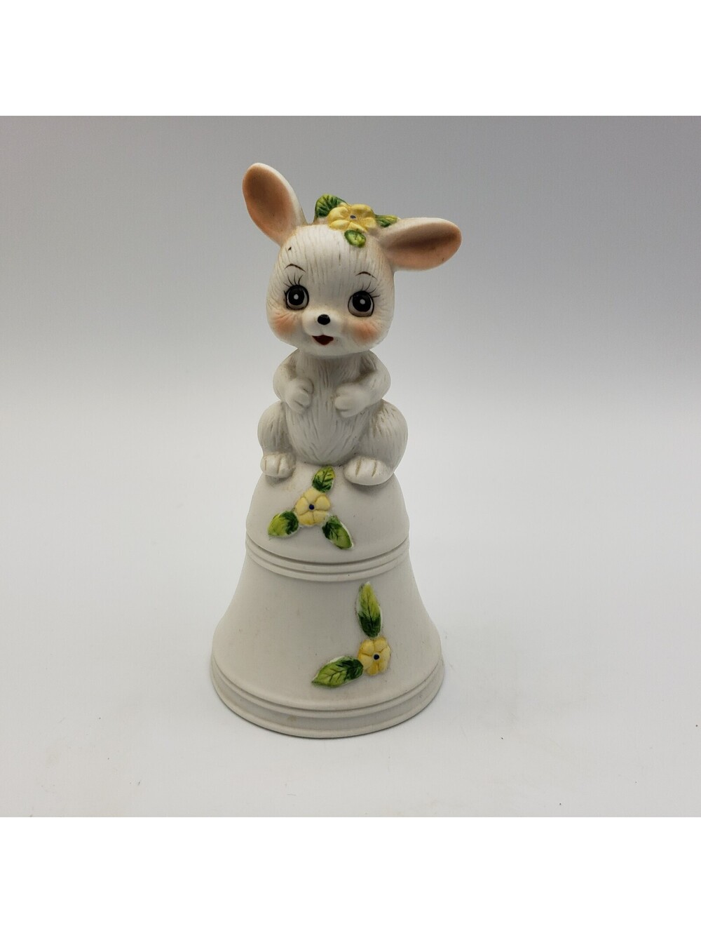 Vintage Bisque Porcelain Bell White Bunny Rabbit Flower Taiwan ROC Big Eyes